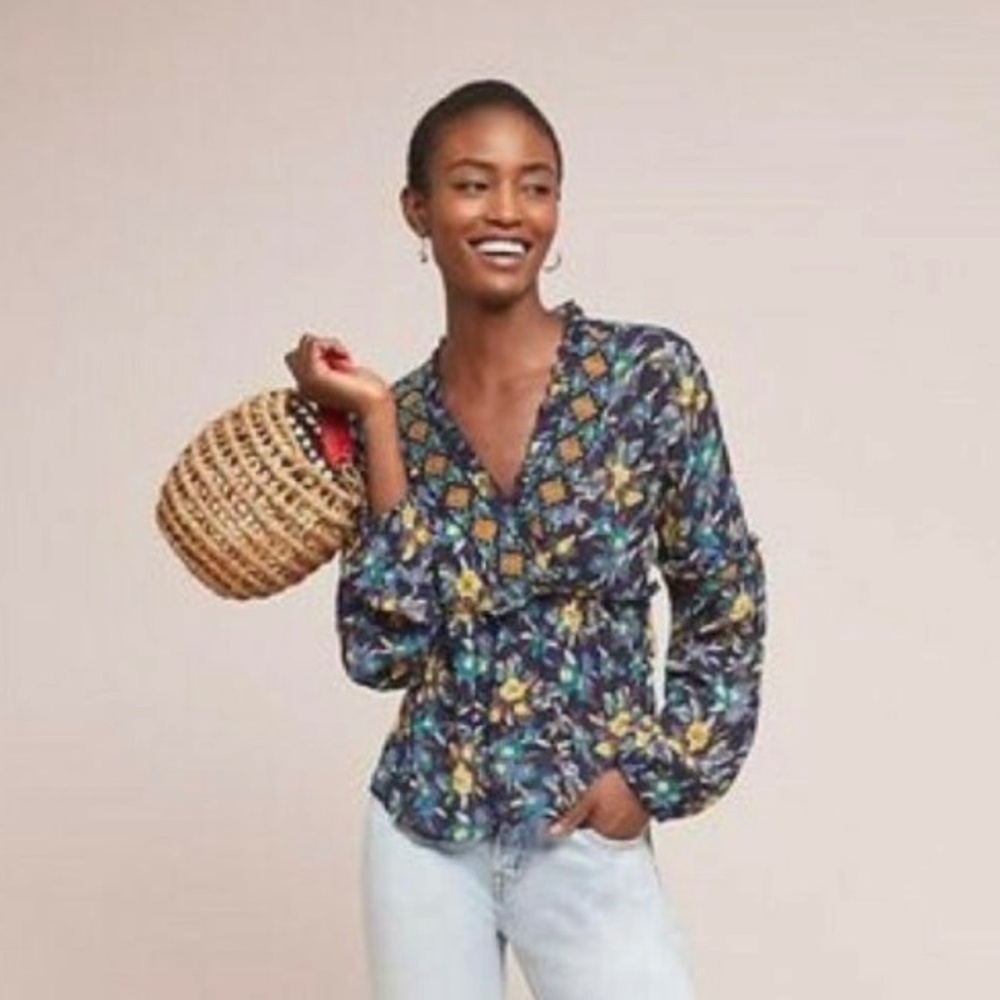 Meadow Rue Anthropologie Strasser Embroidered Peasant‎ Blouse Size M Blue